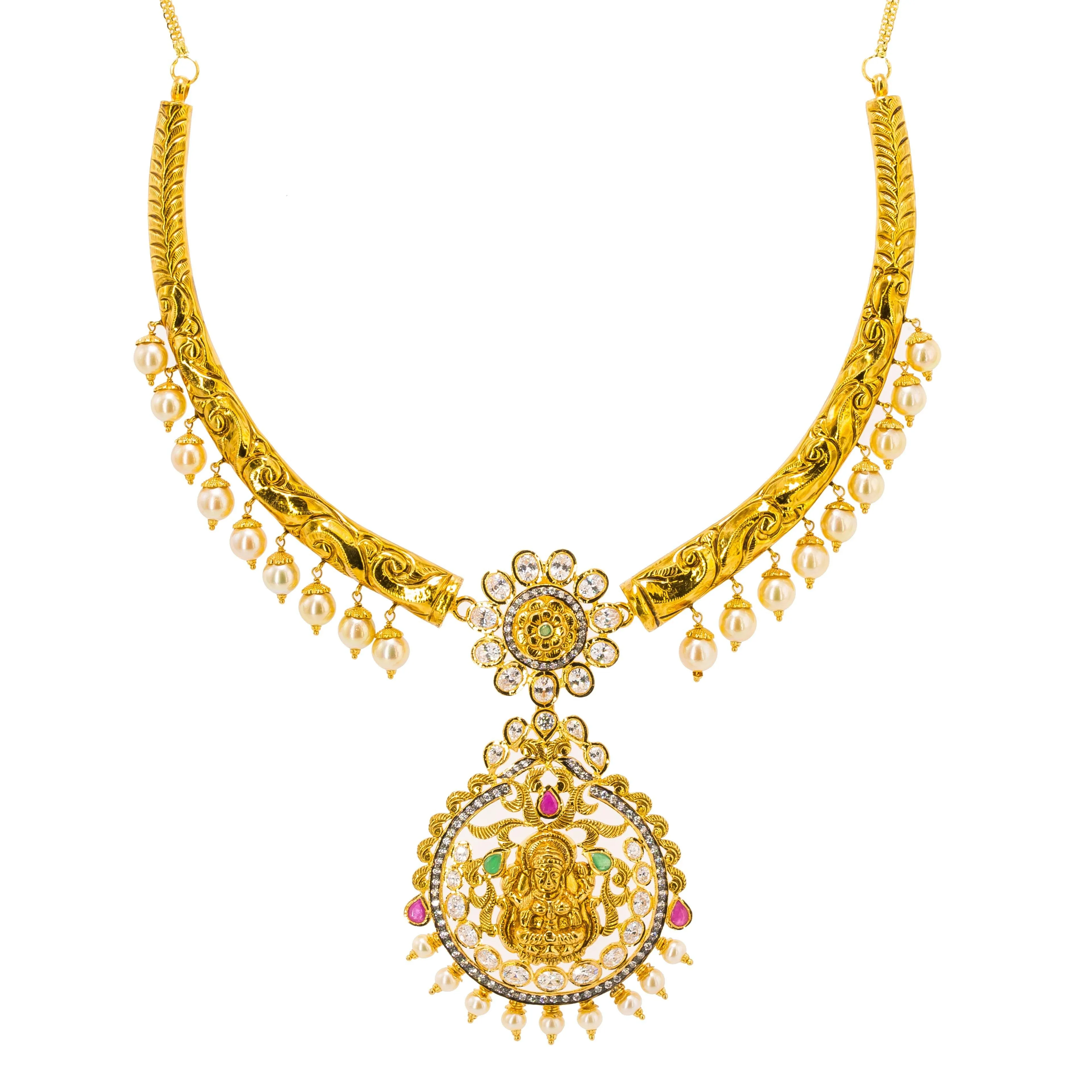 22K Yellow Gold Hasdi Paachi Necklace & Chandbali Earring Set W/ Rubies, Emeralds, CZ Gems & Pearls