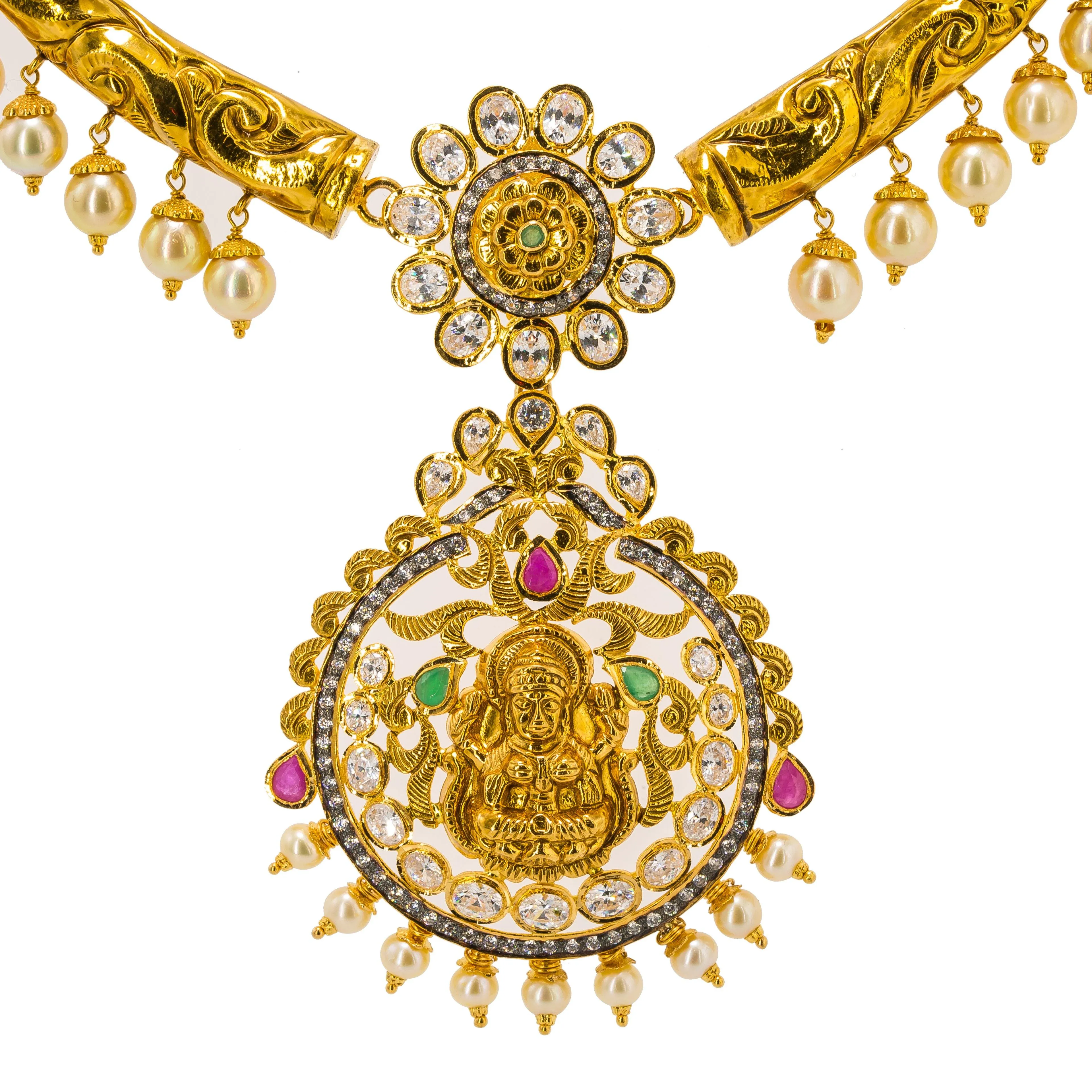 22K Yellow Gold Hasdi Paachi Necklace & Chandbali Earring Set W/ Rubies, Emeralds, CZ Gems & Pearls