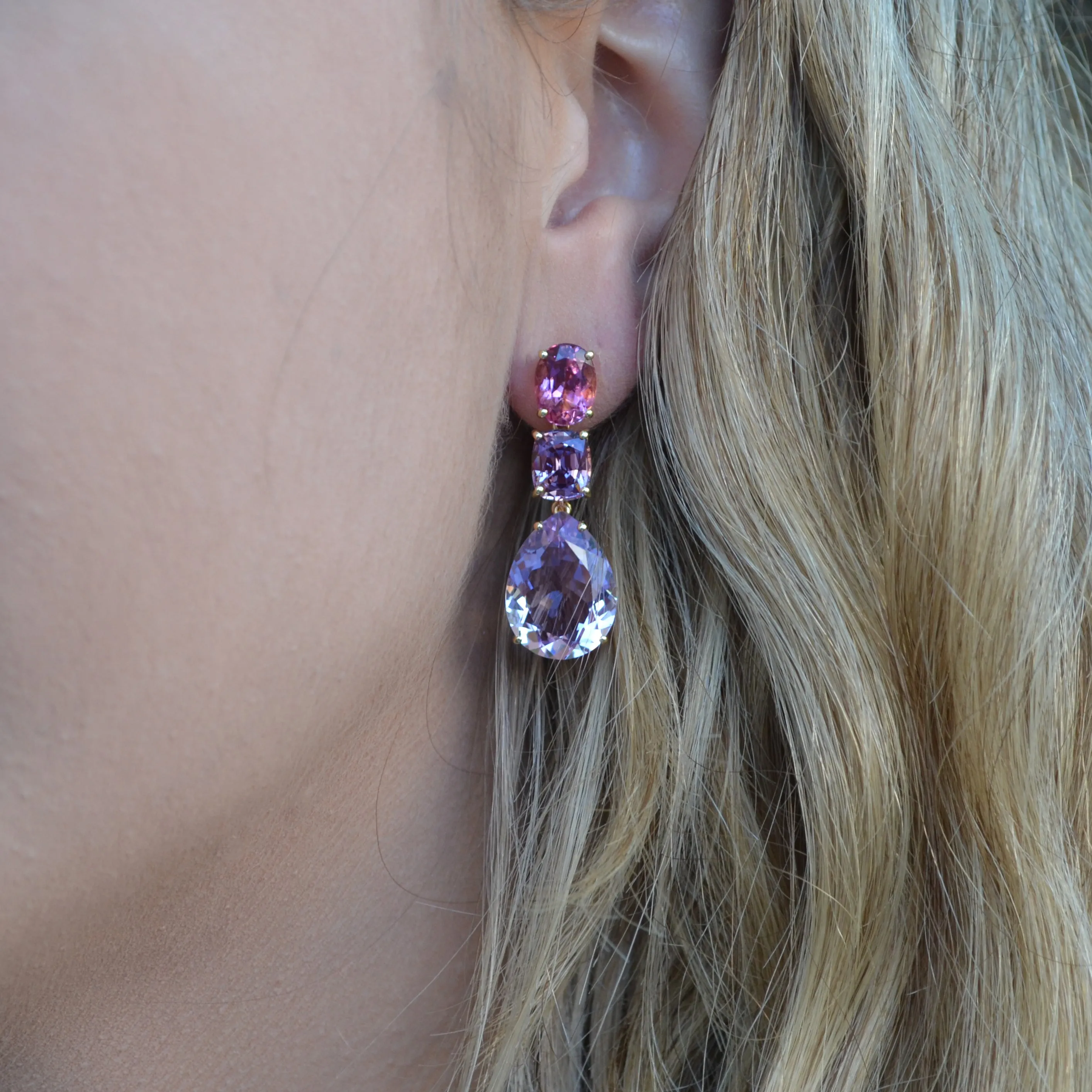 A & Furst - Party - Drop Earrings with Pink Tourmaline, Lavender Spinel and Rose de France, 18k Yellow Gold