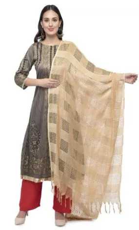 A R Silk Women's Cotton Window Check Golden Dupatta