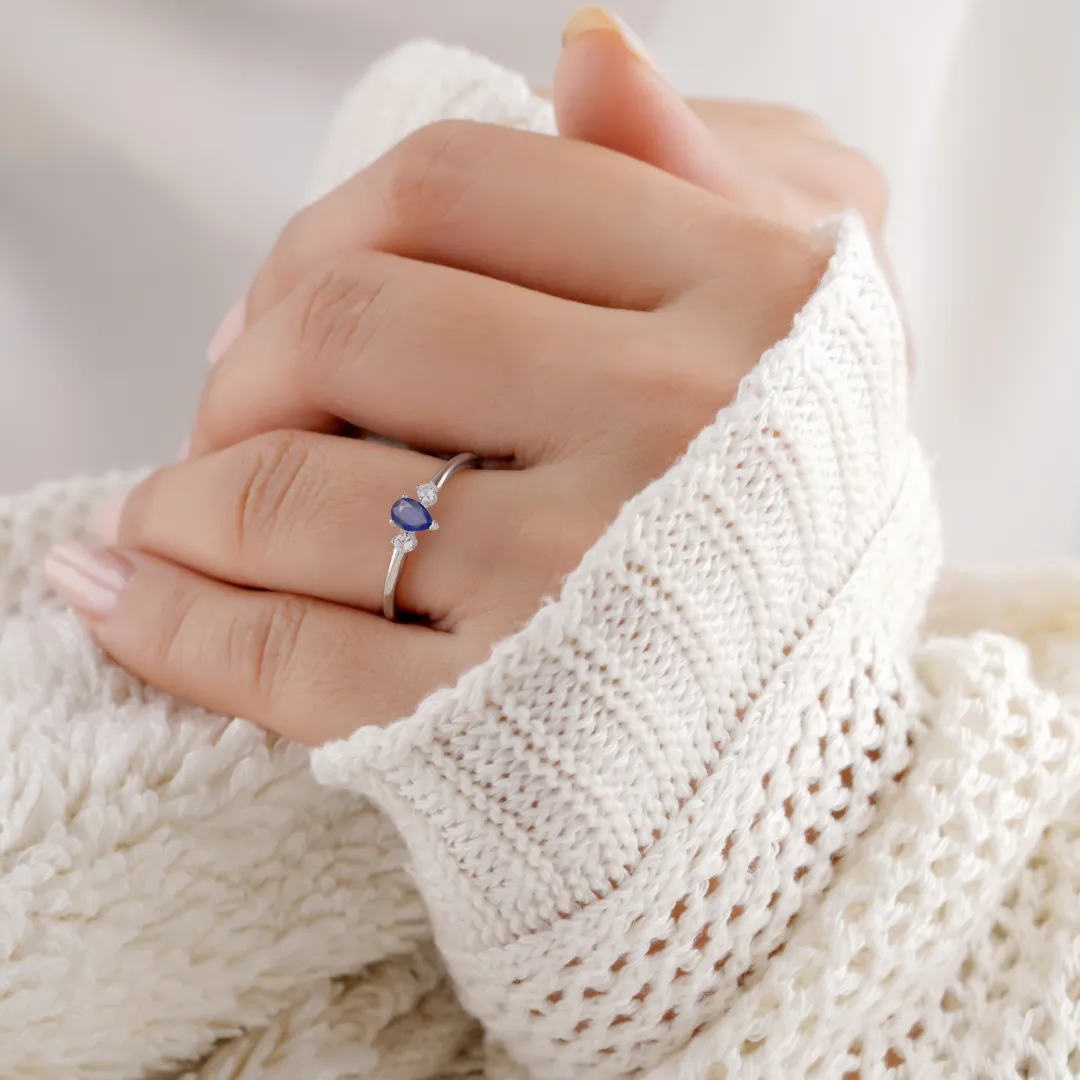 Blue Sapphire Three Stone Teardrop Ring