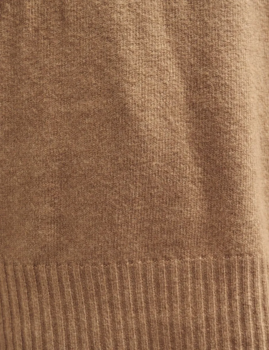 Camel Funnel Neck Longline Knitted Jumper