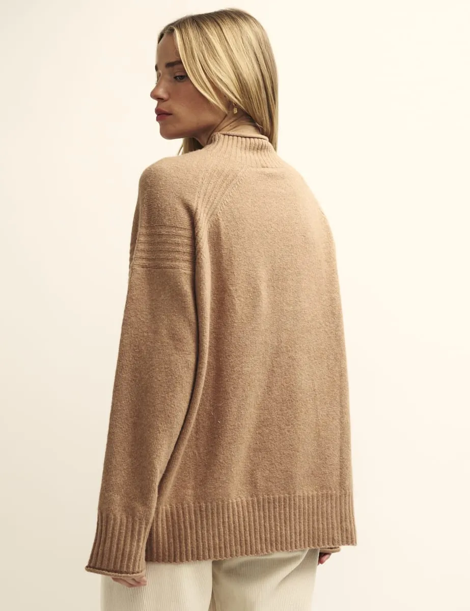 Camel Funnel Neck Longline Knitted Jumper