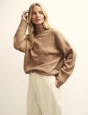 Camel Funnel Neck Longline Knitted Jumper