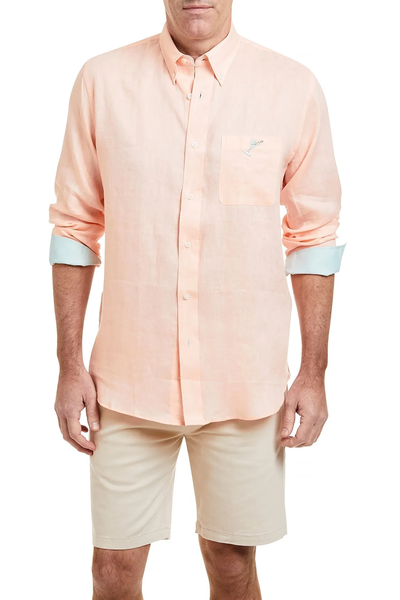 Chase Shirt Linen Peach with Seafoam Green Trim and Martini