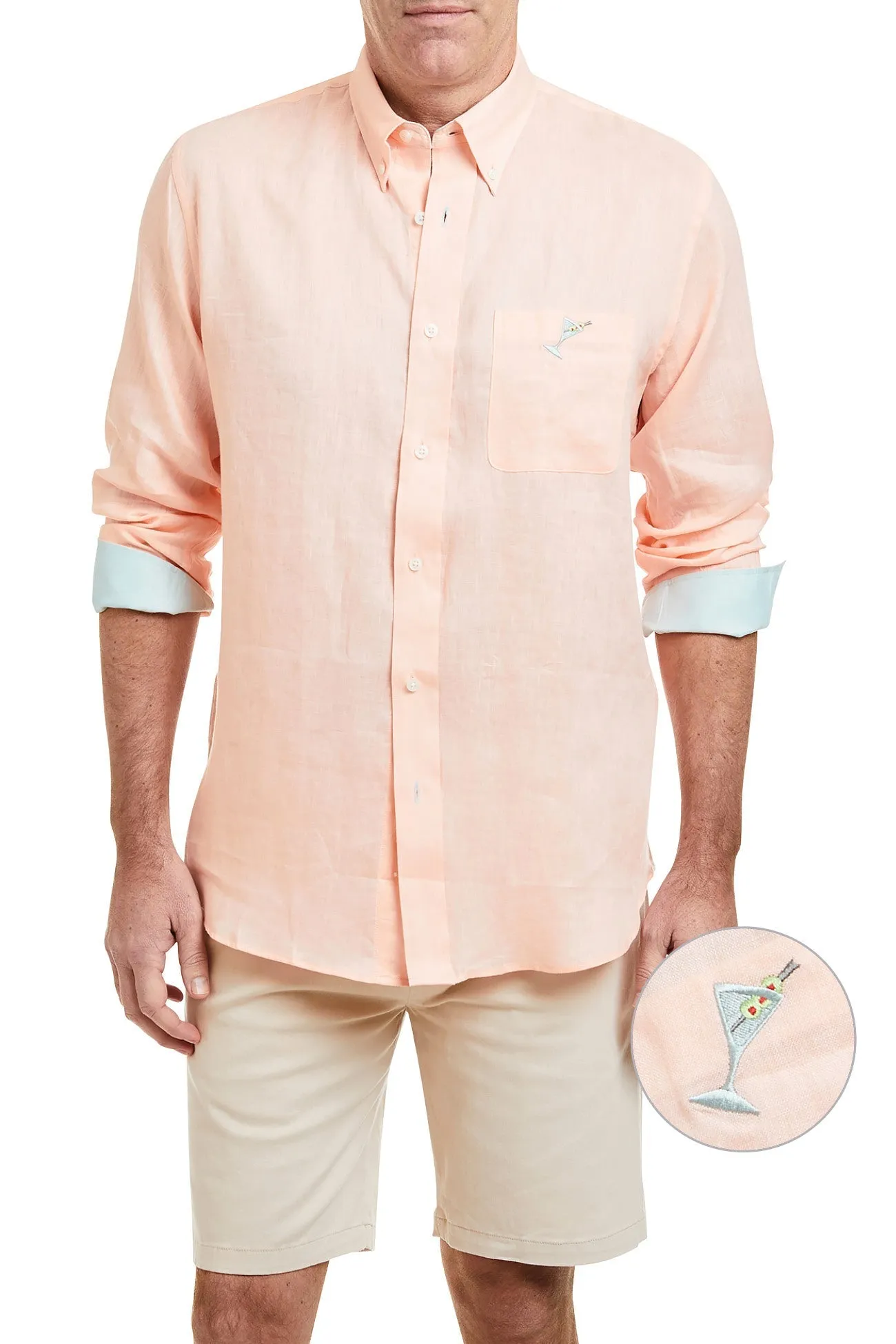 Chase Shirt Linen Peach with Seafoam Green Trim and Martini