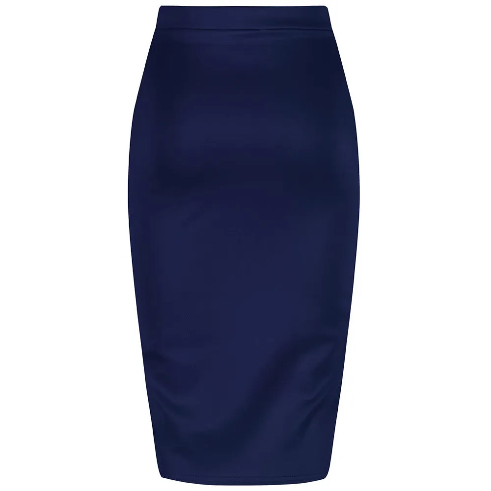 Classic Navy Stretch Pencil Bodycon Midi Office Work Skirt