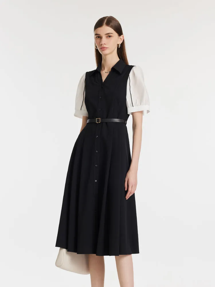 Commute Patchwork V-Neck Women Midi Shirt Dress With Belt