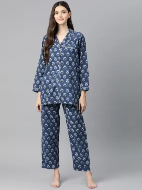 Divena Indigo Hand Block Pure Cotton Night Suit