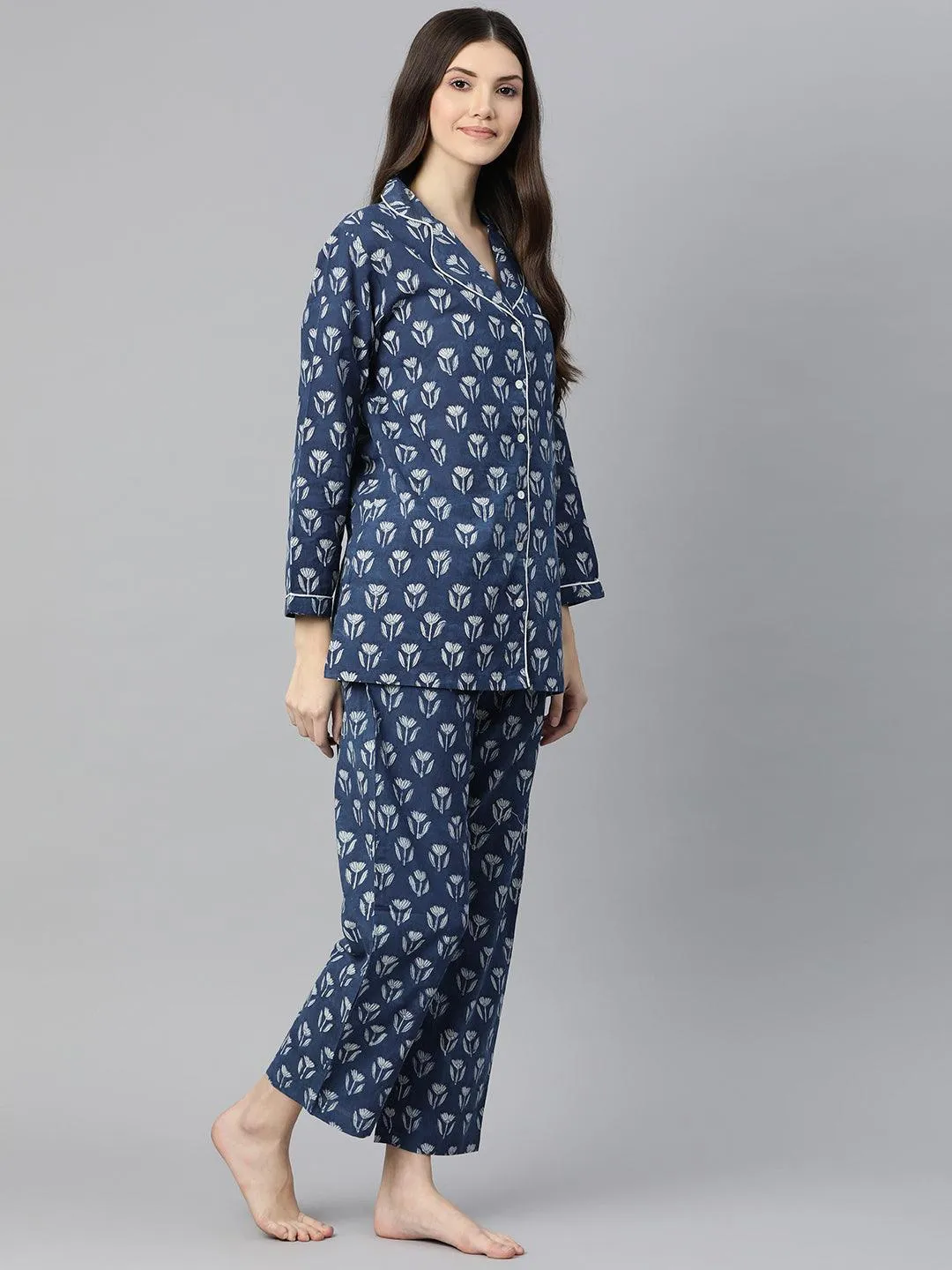 Divena Indigo Hand Block Pure Cotton Night Suit