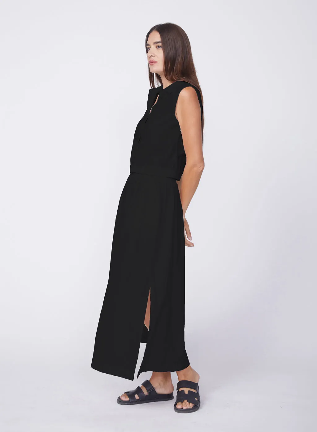 Fine Poplin Double Slit Maxi Skirt in Black