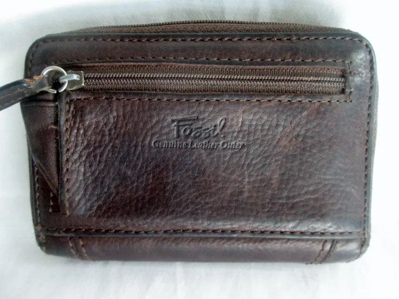 FOSSIL BiFOLD Distressed Leather purse Wallet Organizer Signature BROWN