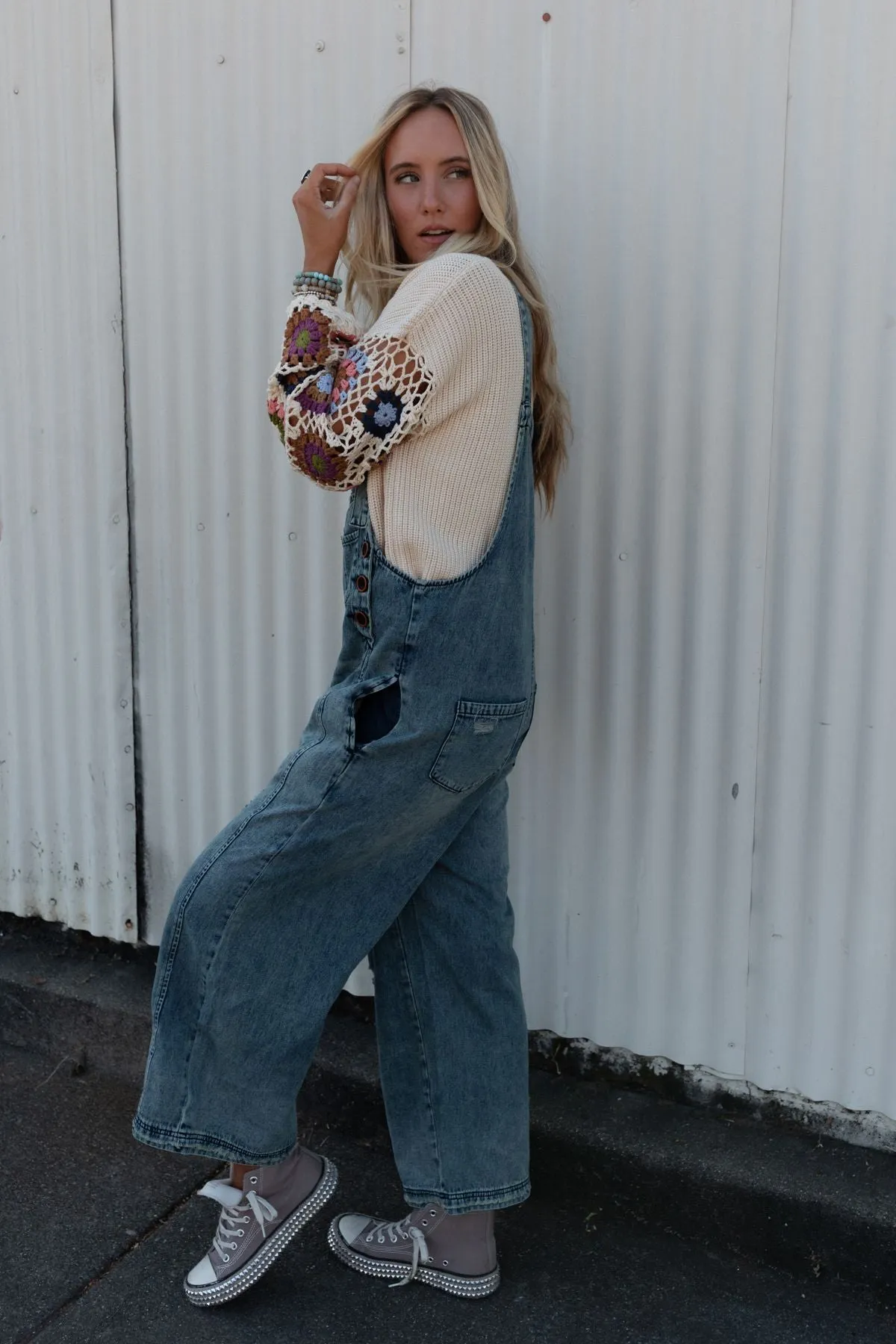 High Hopes Slouchy Pocket Denim Overalls - Blue Pockets