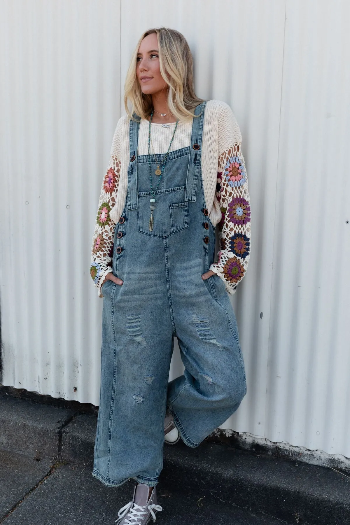 High Hopes Slouchy Pocket Denim Overalls - Blue Pockets