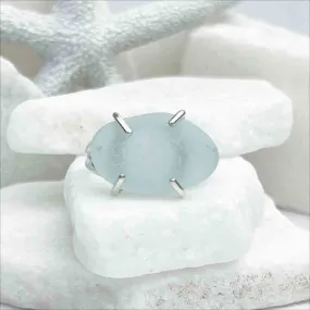 Horizontally Set Soft Blue Oval Sea Glass Ring Sterling Silver Size 9 | #1831