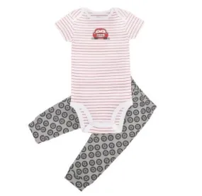 Kaarpas 100% Premium Organic Cotton 2 Piece Car & Wheels Print Bodysuit Onesie & Pant Set White With Red Lines & Grey Pant (KAON1027) (Certified ORGANIC) - 1 Pc (6 To 9 Months)