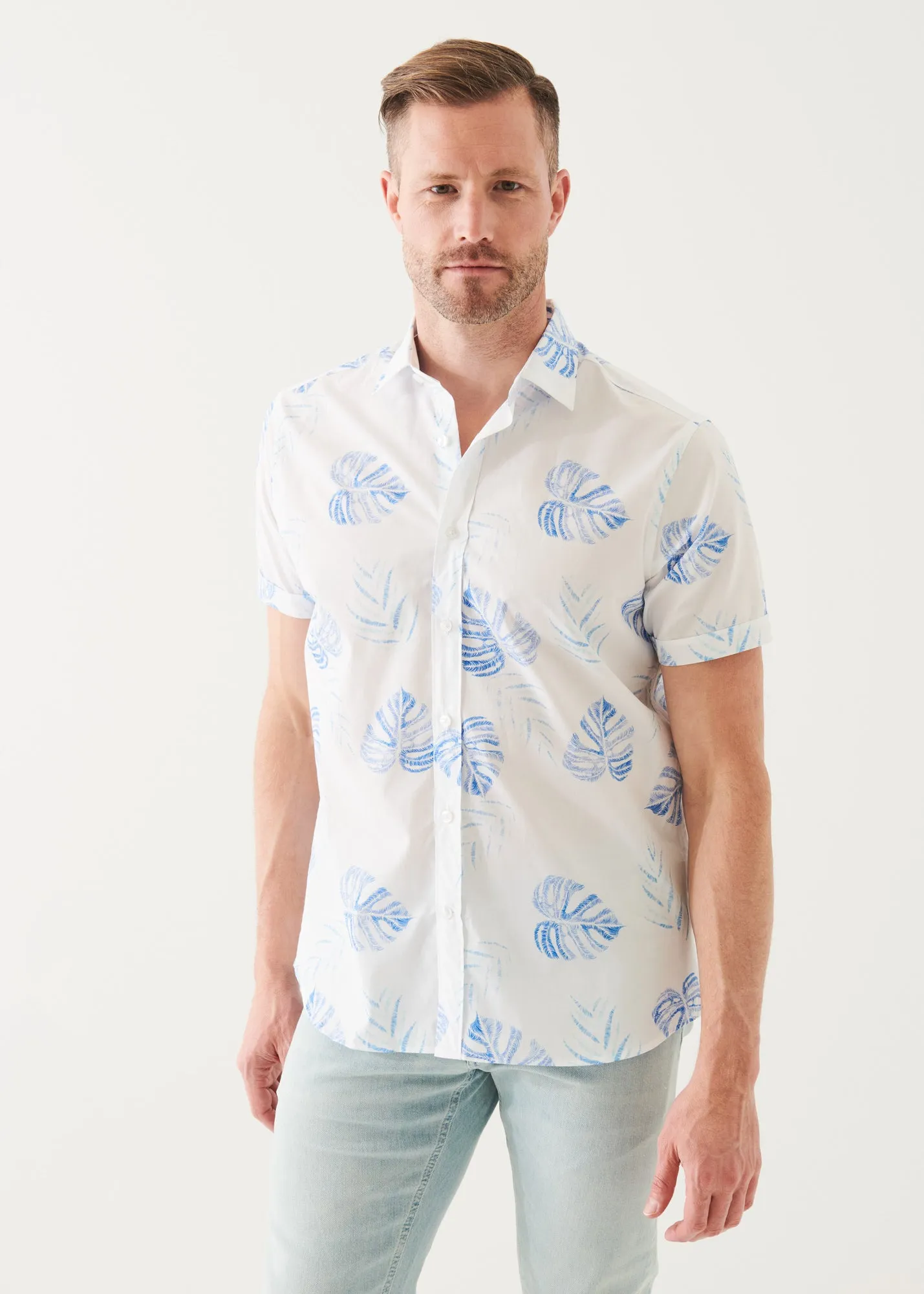 LEAF PRINT COTTON SHORT SLEEVE SHIRT