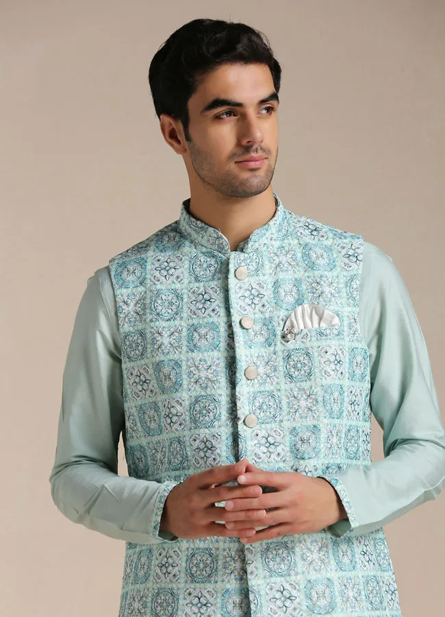 Manyawar Tropical Blue Kurta Jacket Set