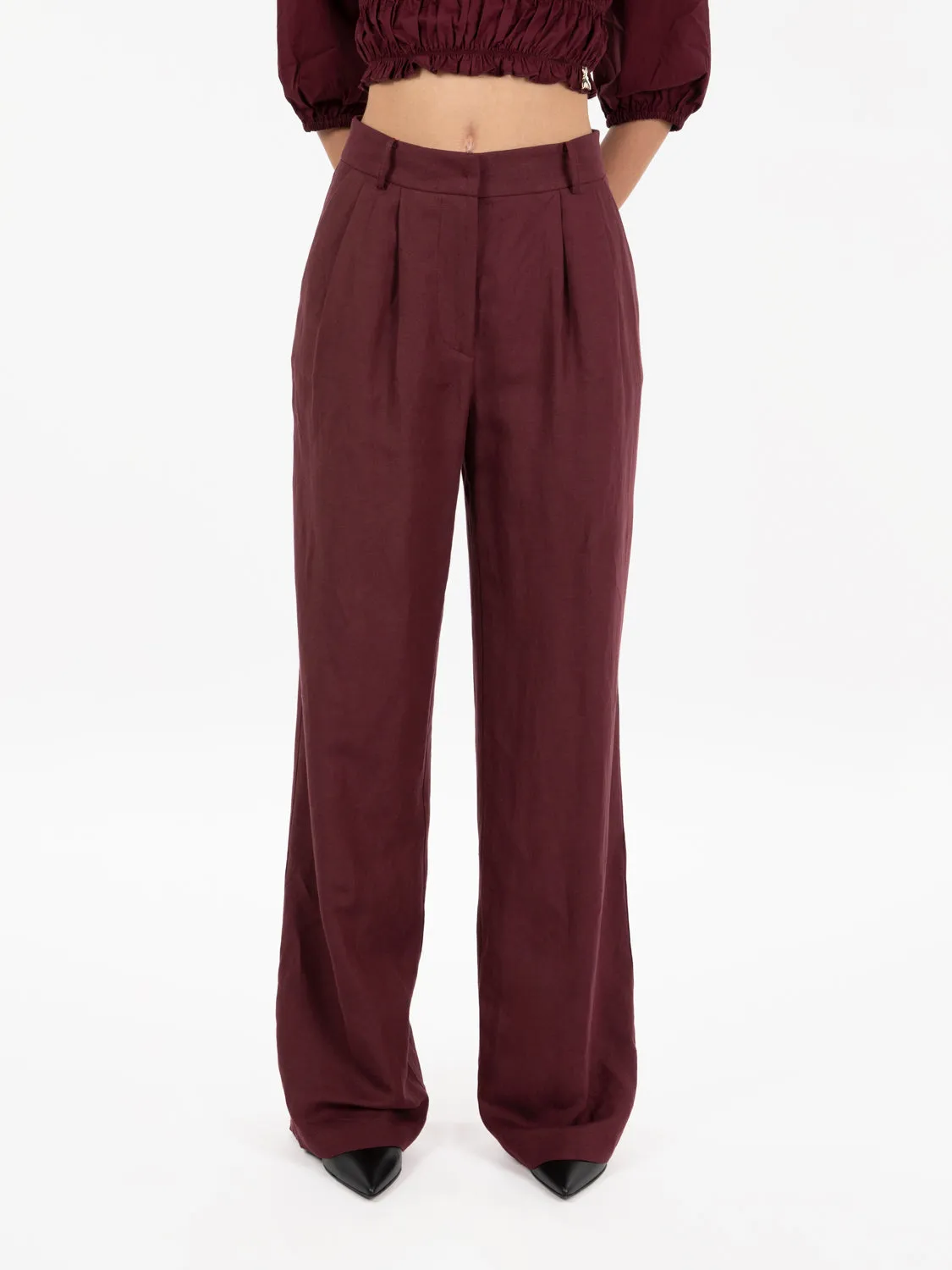 Pantaloni lino a palazzo dark plum