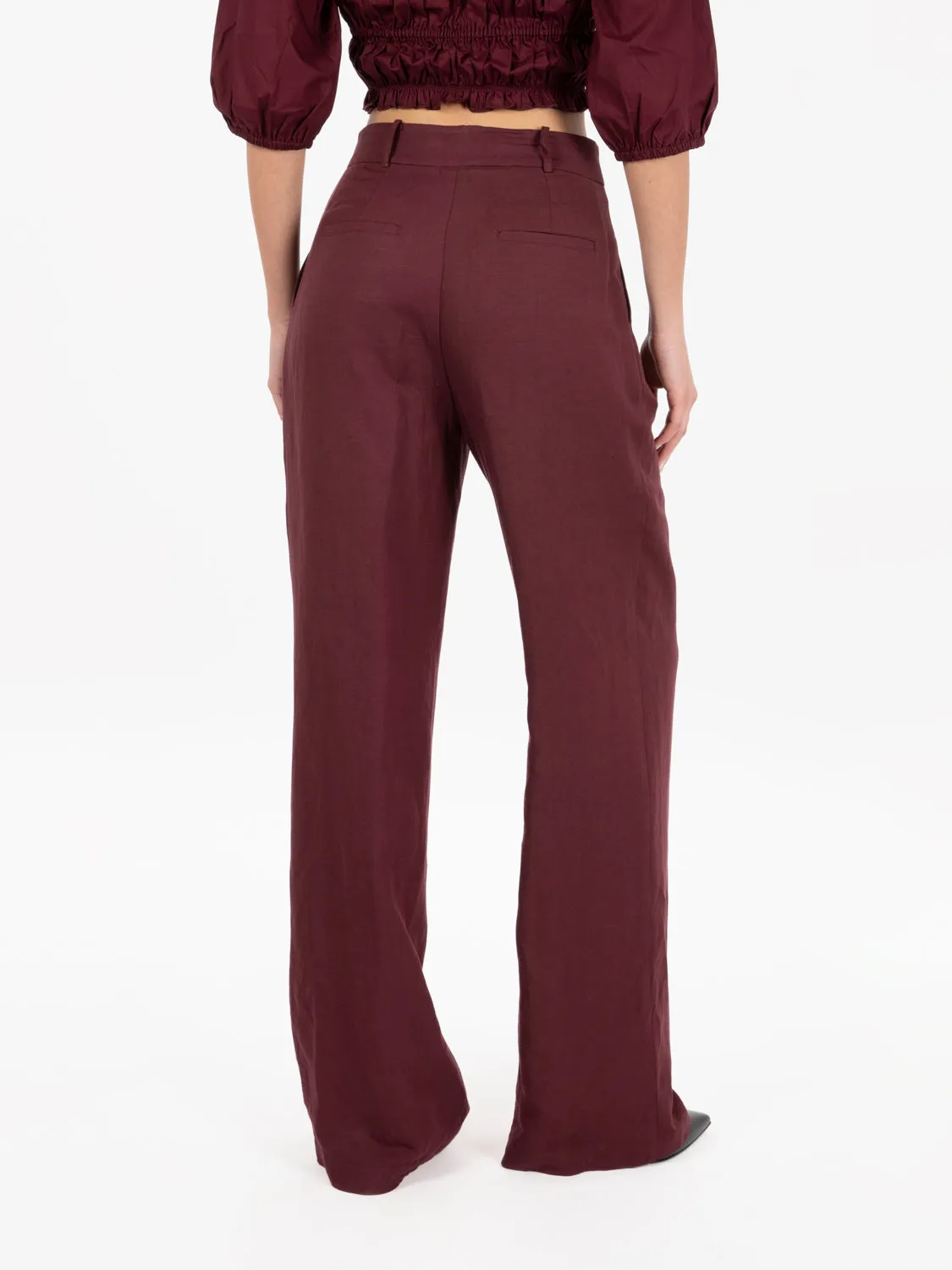 Pantaloni lino a palazzo dark plum