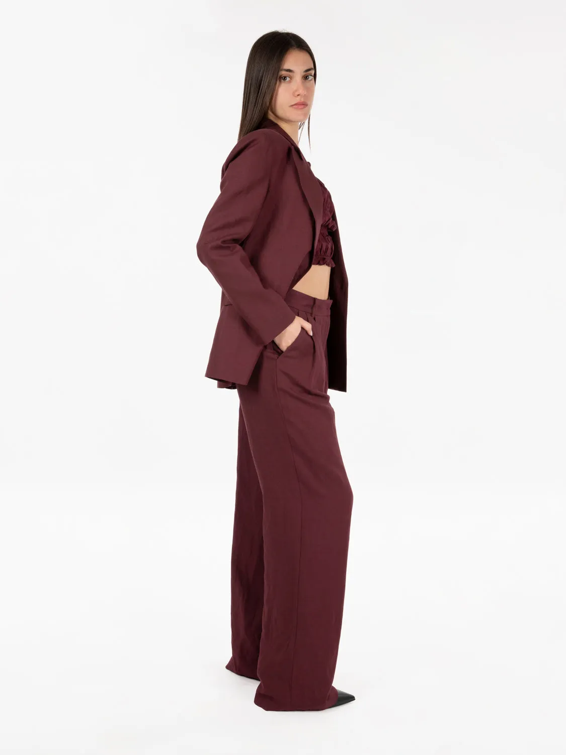 Pantaloni lino a palazzo dark plum