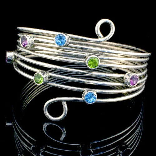 Peridot Amethyst Topaz Sterling Silver Handmade Bangle Bracelet