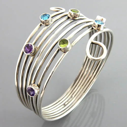 Peridot Amethyst Topaz Sterling Silver Handmade Bangle Bracelet